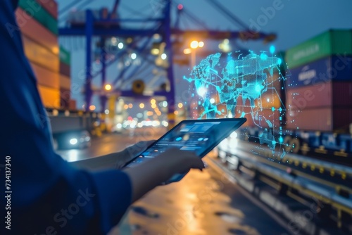 A person uses a tablet displaying a holographic global map at a busy shipping port at night.