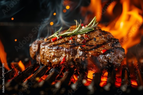 A juicy steak grilling over open flames garnished with spices and herbs emitting smoke.