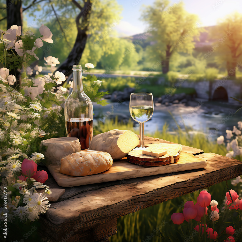Fototapeta premium Wine, cheese and bread on a wooden table in the garden