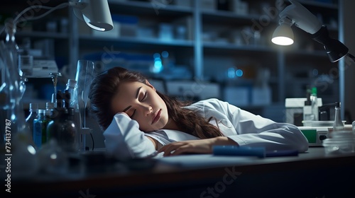 Science, exhausted and scientist taking nap in lab after working on innovation experiment, test or research. Tired and professional female scientific employee sleeping on desk in laboratory photo