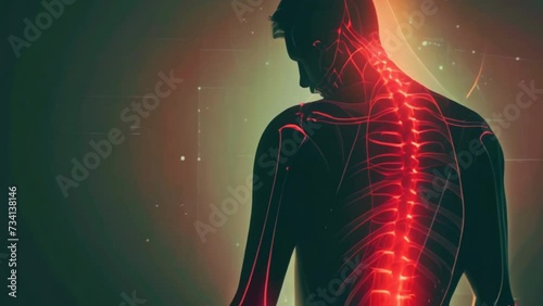 Spine X-ray of person. Human anatomy. Back pain concept. Crooked spinal injury problem. Xray red art illustration. Man suffering. Body scan view. Pinched vertebra or intervertebral hernia. Health care photo
