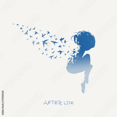 Woman with wings. Ascension to heaven. Afterlife. Isolated silhouette