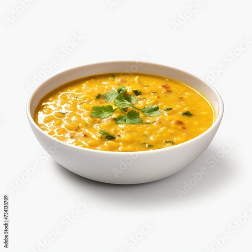 Dal bhat in bowl isolated on white background, Plain yellow dal