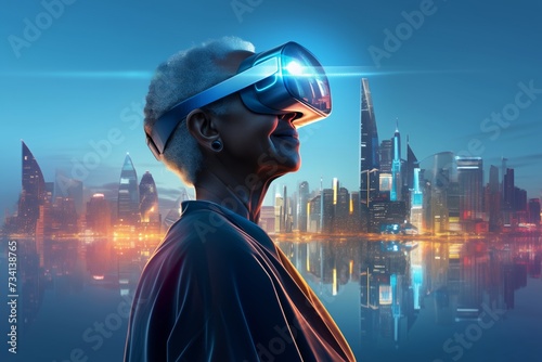 Elderly Black Woman Wearing Virtual Reality Headset in Front of Futuristic Cityscape