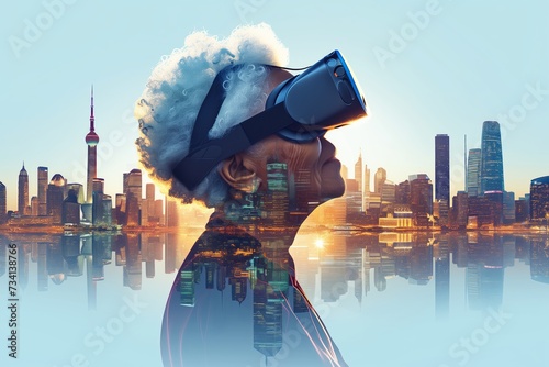 Elderly Black Woman Experiencing Virtual Reality in Futuristic City, collage