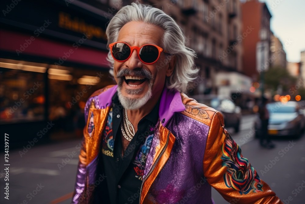 Handsome senior man with gray hair wearing a colorful jacket and sunglasses is walking in the city.