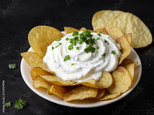 Potato chips with sour cream and parsley on a black background