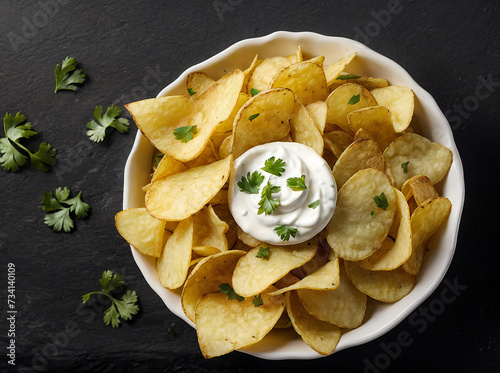 Potato chips with sour cream and parsley on a black background