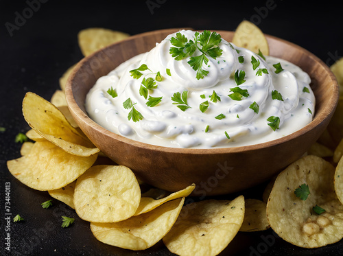 Potato chips with sour cream and parsley on a black background