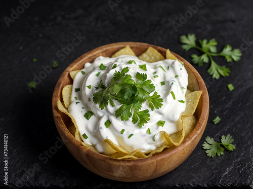 Potato chips with sour cream and parsley on a black background