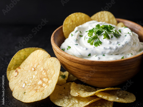 Potato chips with sour cream and parsley on a black background