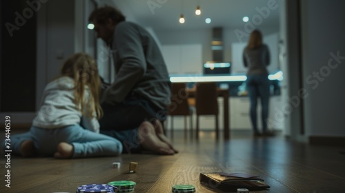 Family of gamers, everyone in stress. There is a wallet on the floor, empty and chips. Concept Family impact gambling