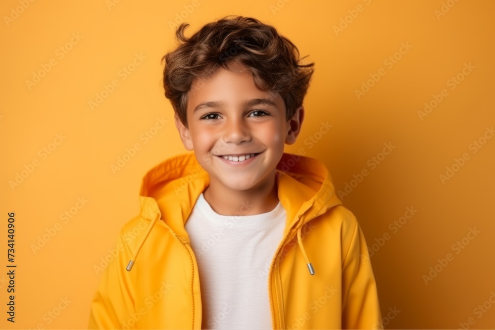 Portrait of a smiling little boy in a yellow jacket on a yellow background Portrait of a smiling little boy in a yellow jacket on a yellow background