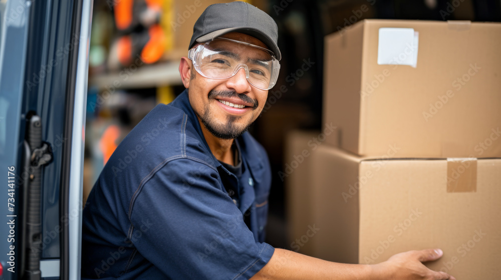 smiling delivery man in a blue uniform and safety goggles is handling boxes near a delivery van smiling delivery man in a blue uniform and safety goggles is handling boxes near a delivery van