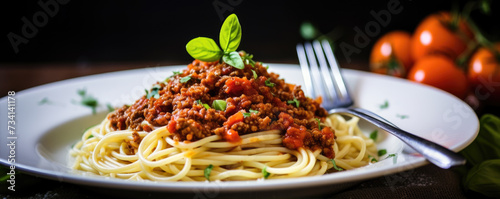 Traditional pasta spaghetti bolognese in  plate on wooden table dark background