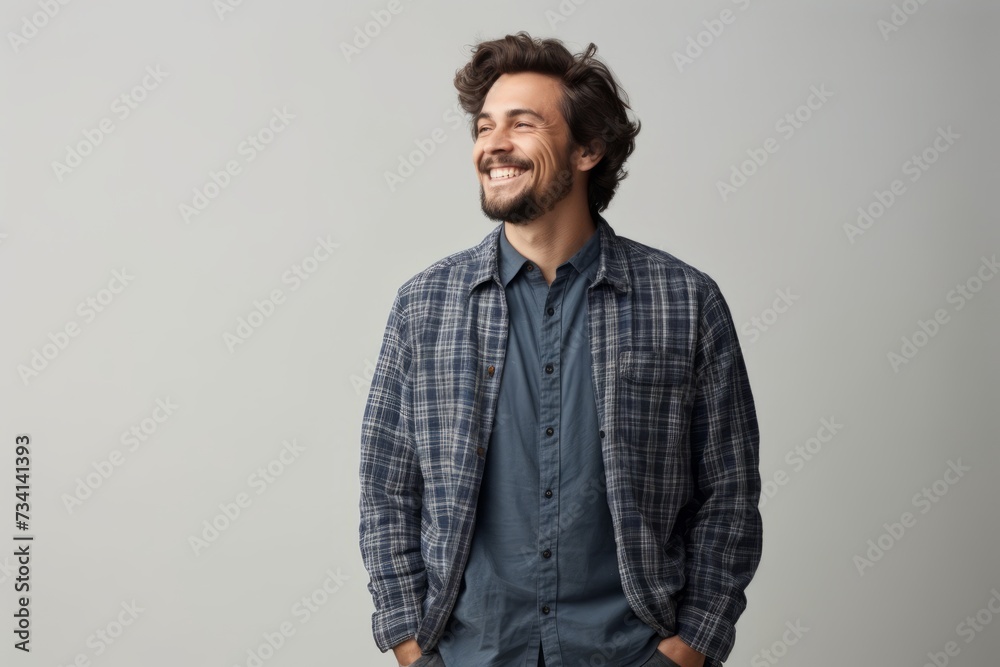 Handsome young man smiling and looking away while standing against grey background Handsome young man smiling and looking away while standing against grey background