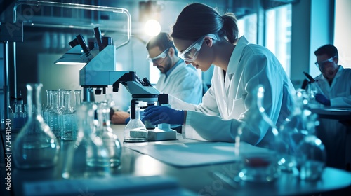 Team of Medical Research Scientists Collectively Working on a New Generation Experimental Drug Treatment. Laboratory Looks Busy, Bright and Modern photo