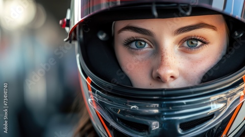 Intensity at the Starting Line. Woman Racer's Eyes Set on Victory