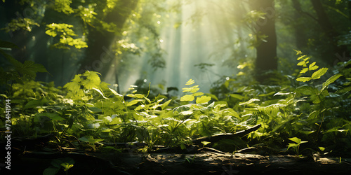 Sunlight in the green forest at summer time. Beautiful nature background © Graphicsstudio 5