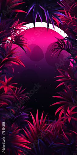 Neon Tropical Leaves Against a Vibrant Pink and Purple Background