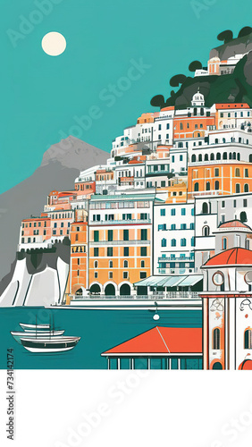 Retro Poster Amalfi, Italy, mediterranean romantic landscape, mountains, seaside town. Vertical retro travel poster. Copy space.