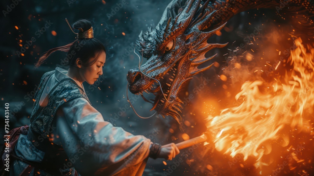 Epic shot, A ancient Chinese warrior holding spear, wearing hanfu. fighting with a fire dragon - obrazy, fototapety, plakaty 