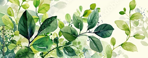Spring web banner, green floral watercolor invitation, natural botanical design background