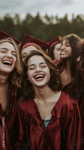 A group of high school seniors don oxblood-colored gowns for their graduation