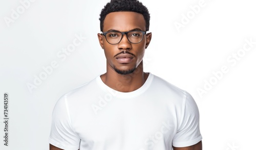 An African American gentleman sports a white t-shirt and eyeglasses.