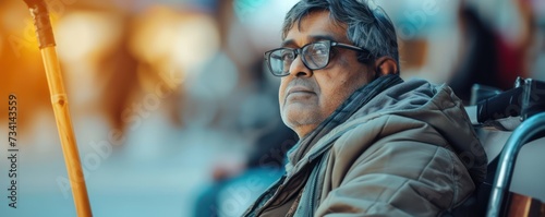 handsome indian man with visual impairment in casual attire with glasses and walking stick, banner photo