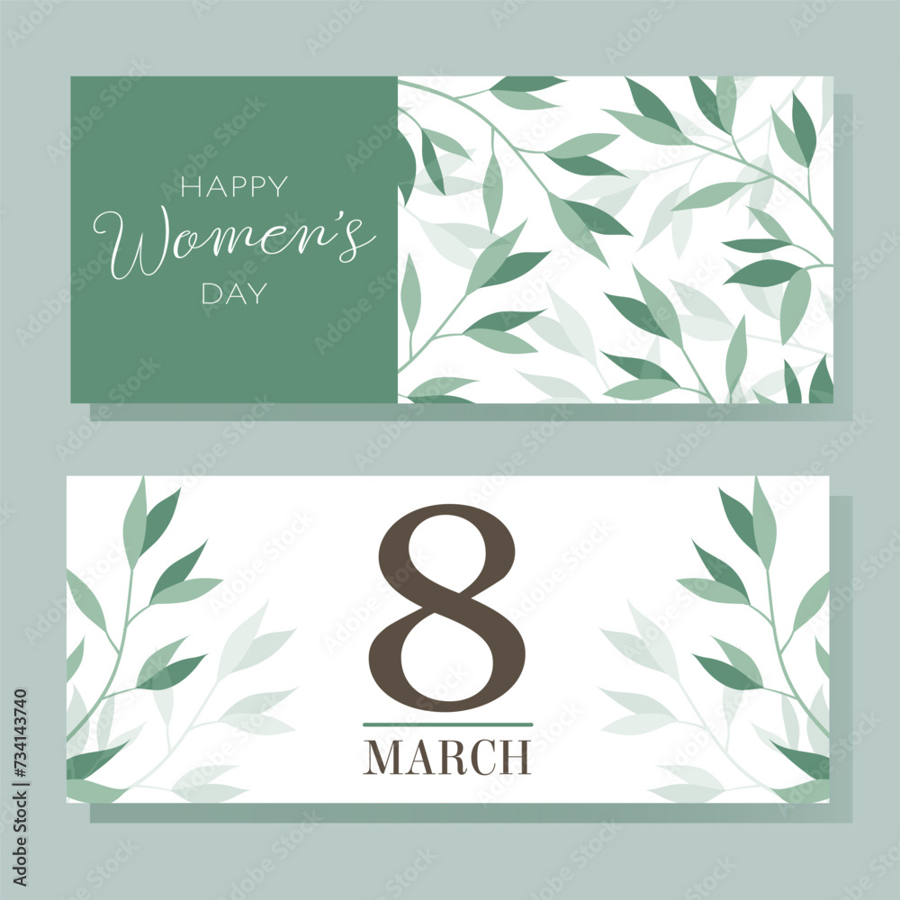 March 8 and Happy Women's Day. Set of horizontal vector banners with abstract plant design.