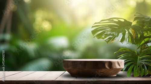 Wood podium table top outdoors blur green monstera tropical forest plant nature background.Beauty cosmetic healthy natural product placement pedestal display,spring or summer jungle paradise