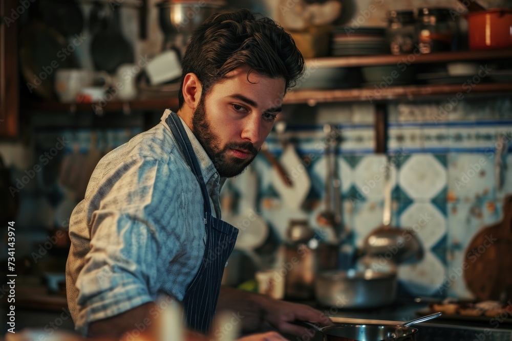 Man cooking in the kitchen at home. Portrait of a young man in apron.
