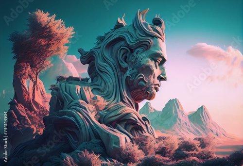 Digital illustration of a landscape in fantasy art with a large statue. Generative AI