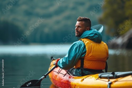 Young man kayaking on a lake in the mountains. Active lifestyle concept.