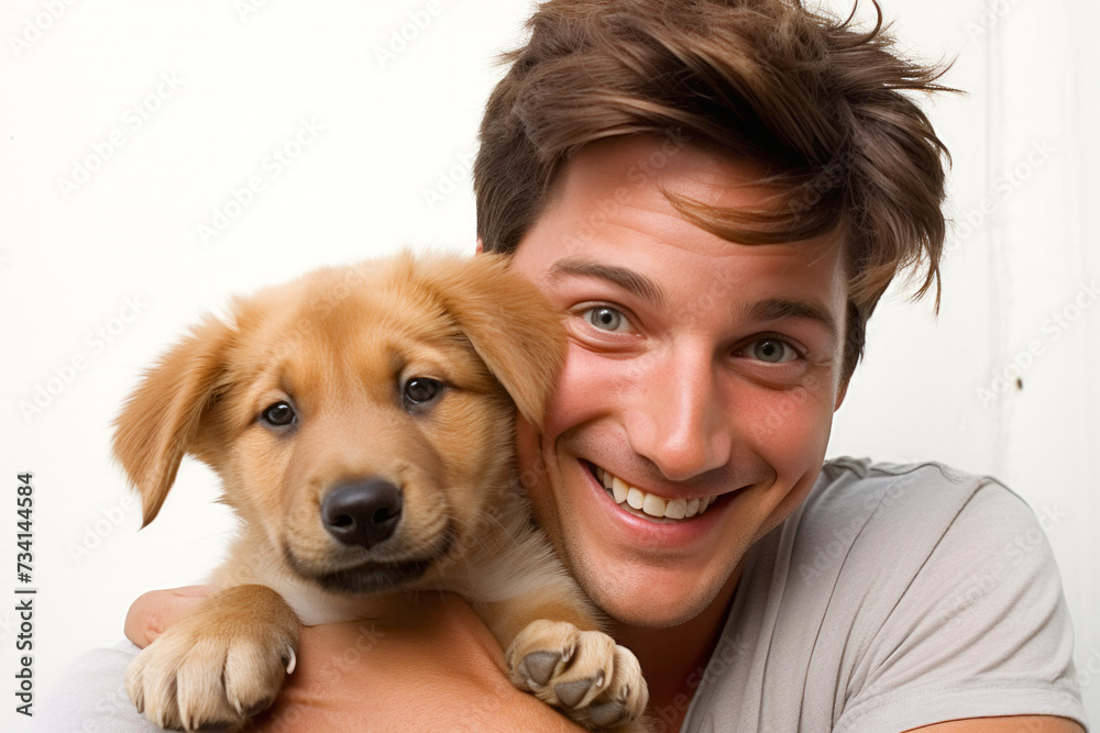 young man with a puppy on a white background close-up. young man with a puppy on a white background close-up.