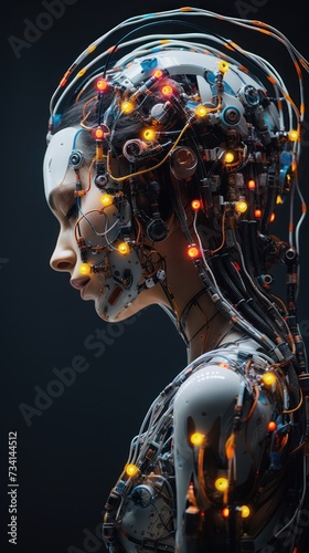 side view depiction of a contemplative cyborg character, featuring illuminated dots and intricate wires with cables,