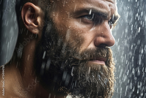 Close-up portrait of a handsome man with wet hair and beard.