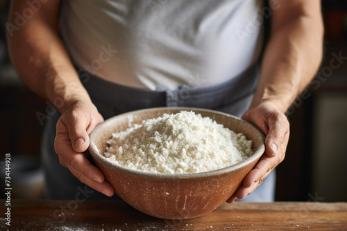 Man holding bowl with rice flour on table in kitchen, closeup