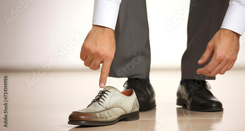 "Businessman putting on shoes in office