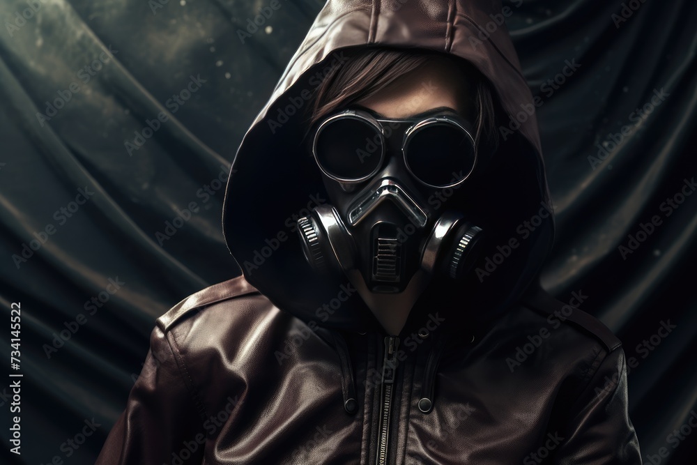 Fashion cyberpunk girl in a leather hoodie jacket wears, cyberpunk female with a leather hoodie jacket, safety eyewear and a gas mask , Ai generated