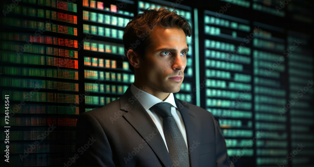 Fototapeta premium Portrait of young businessman looking at monitor with stock market data.