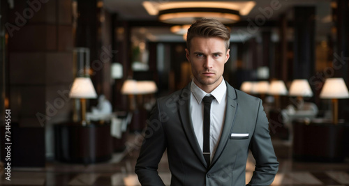 Portrait of a handsome young man in a business suit in a luxury hotel