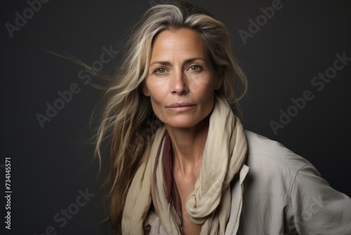 Portrait of a beautiful middle-aged woman with blond hair on a dark background © Loli