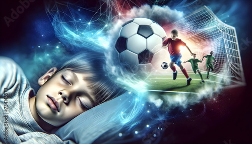 child boy sleeping in a bed and dreaming of a football