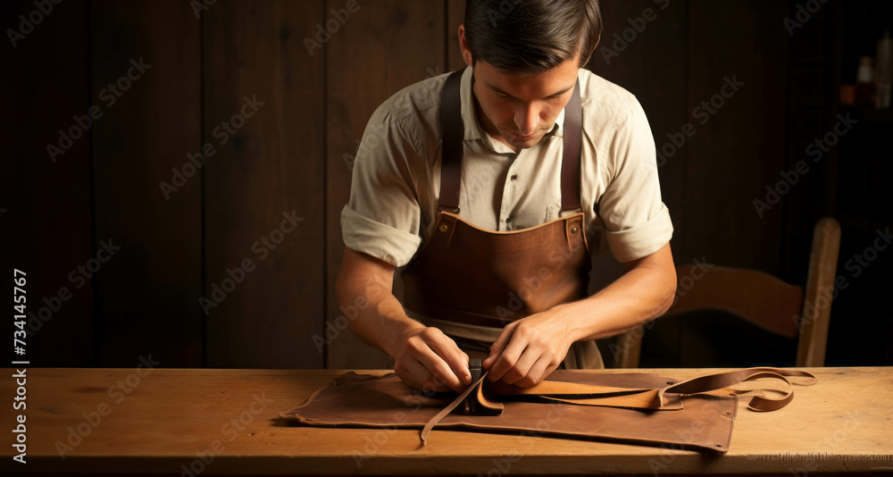 man working in a leather workshop with a leather craft bag and tools man working in a leather workshop with a leather craft bag and tools