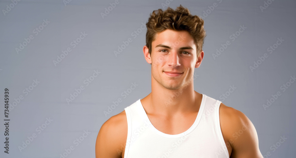 Handsome young man with white tank top smiling and looking at the camera on grey background Handsome young man with white tank top smiling and looking at the camera on grey background