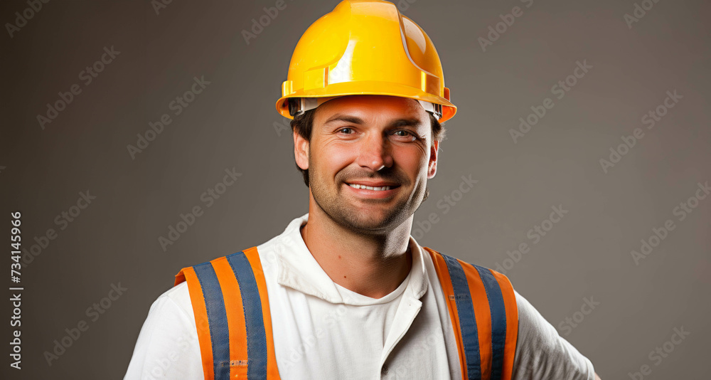 Portrait of a handsome young man in hardhat on gray background - obrazy, fototapety, plakaty 