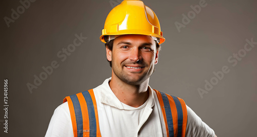 Portrait of a handsome young man in hardhat on gray background