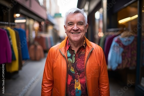 Portrait of senior man smiling at the camera in a shopping street